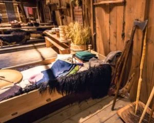 Viking bed inside the Longhouse in the Lofotr Viking Museum